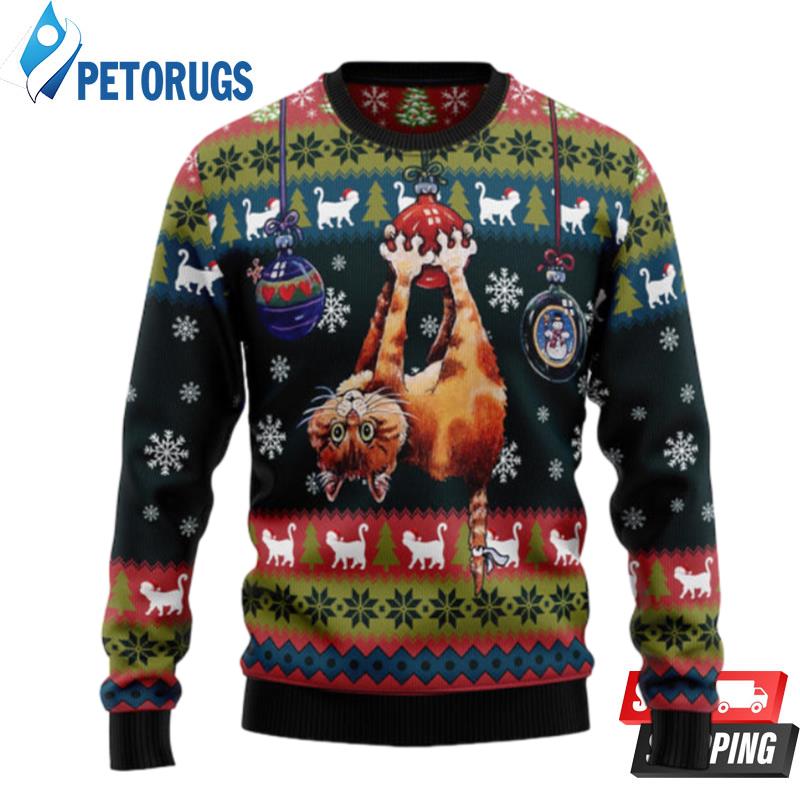 Cat-Hanging-On-Xmas-Tree-Ugly-Christmas-Sweaters-1