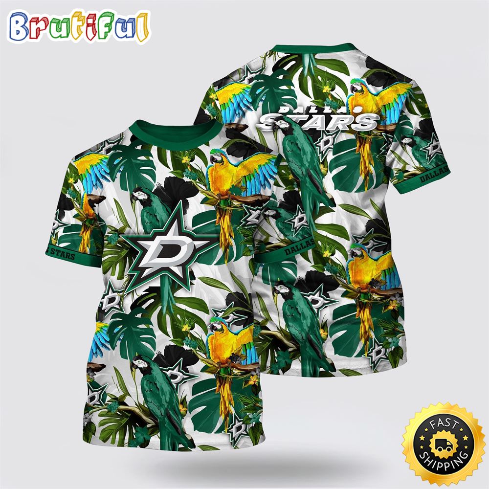 NHL_Dallas_Stars_All_Over_Print_T_Shirt_Tropical_Parrot_Pattern_Summer_T_Shirt_1_byn45r