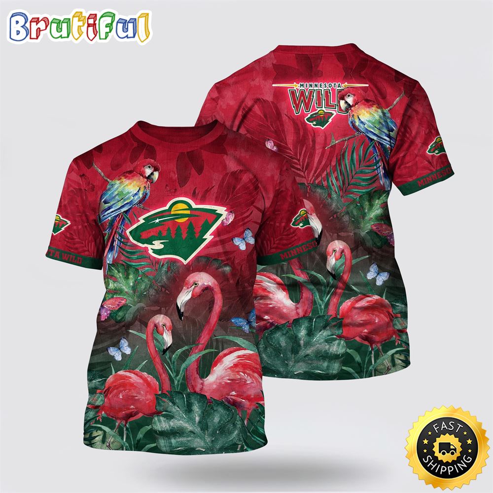 NHL_Minnesota_Wild_All_Over_Print_T_Shirt_Tropical_Parrot_And_Flamingo_Motifs_Summer_T_Shirt_1_dkiina